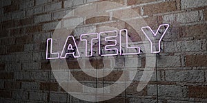 LATELY - Glowing Neon Sign on stonework wall - 3D rendered royalty free stock illustration