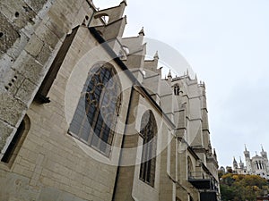 Lateral facade view of the Cathedral of St. John the Baptist of Lyon and the Basilic of Notre Dame at the background, France