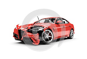 Lateral red car crash on a white background