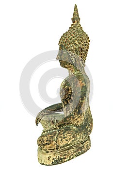 Lateral side of ancient Buddha metal statue isolated on white background