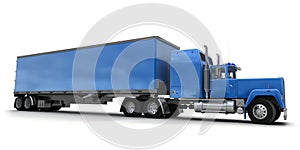 Lateral view of a big blue trailer truck