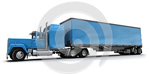 Lateral view of a big blue trailer truck
