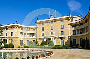 Lateral view on Pedralbes palace in Barcelona, Spain