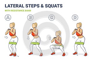 Lateral Walk and Squats with Resistance Band Girl Silhouettes. Side Steps and Squating Home Workout Illustration