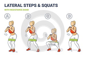 Lateral Walk and Squats with Resistance Band Girl Silhouettes. Side Steps and Squating Home Workout Illustration photo