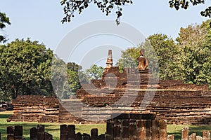 Laterite Stupa Foundation with Buddha Statues at Wat Pra Khaeo Kamphaeng Phet Province, Thailand