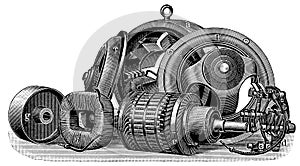 Latest design direct current dynamo, dismantled into its individual parts.