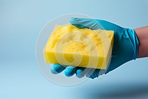 Latex gloved hand, isolated, grips a dishwashing sponge for sparkling, sanitized dishes