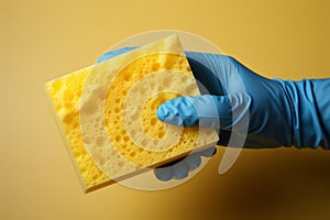 Latex gloved hand, isolated, grips a dishwashing sponge for sparkling, sanitized dishes