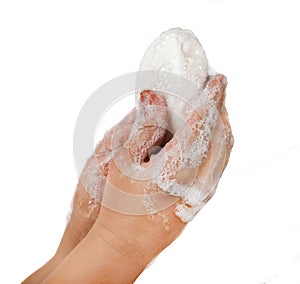 Lathered hands and soap