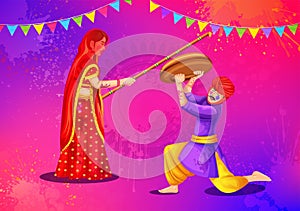 Happy Holi indian festival. Women beat men with bamboo stick Lath mar Holi ritual, Lathmar Holi celebration vector illustration