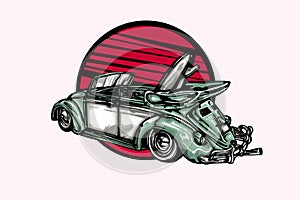 Take me on a road trip vector . Vintage hand drawn surfing car sketch. Beach car illustration for company, store label, t-shirt pr