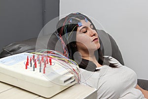 Latin adult woman is a patient in the neurology specialty office and an electroencephalogram study is performed to see the electri