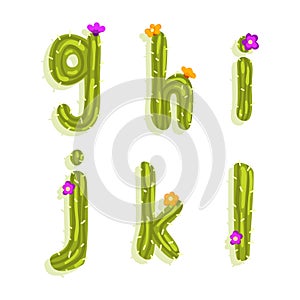 Latin Alphabet of Green Cactus with Blooming Flowers and Lowercase Letters Vector Set