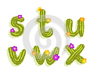 Latin Alphabet of Green Cactus with Blooming Flowers and Lowercase Letters Vector Set