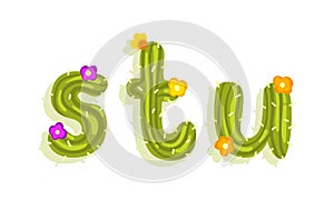 Latin Alphabet of Green Cactus with Blooming Flowers Vector Set