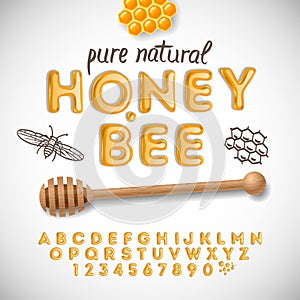 Latin alphabet and numbers made of honey