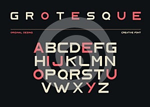 Latin alphabet, sans serif font in grotesk style