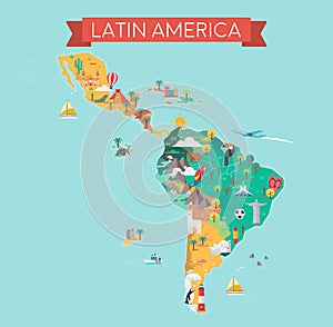 Latin America map. Tourist and travel landmarks