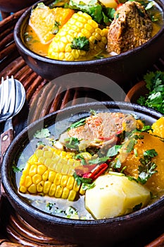 Latin American food. Traditional chilean pork soup cazuela. Cazuela Chilena photo
