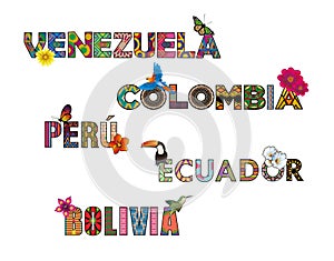 Latin american countries names filled with textures