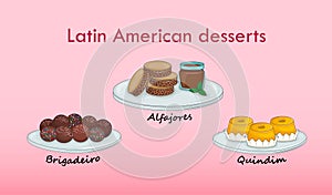 Latin American desserts - brigadeiro, alfajores, cuendim on pink.