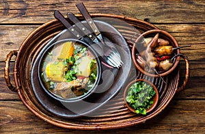 Latin American food. Traditional chilean pork soup cazuela. Cazuela Chilena