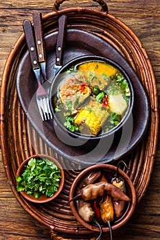 Latin American food. Traditional chilean pork soup cazuela. Cazuela Chilena