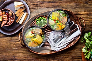 Latin American food. Traditional chilean pork soup cazuela. Cazuela Chilena photo