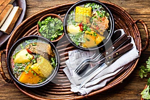 Latin American food. Traditional chilean pork soup cazuela. Cazuela Chilena photo