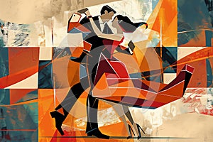 Latin American Hispanic male and female couple dancing the ballroom Calypso dance shown in an abstract cubist style painting