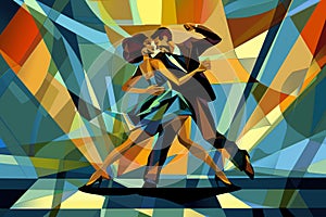 Latin American Hispanic male and female couple dancing the ballroom Calypso dance shown in an abstract cubist style painting