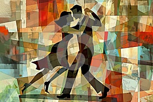 Latin American Hispanic male and female couple dancing the ballroom Calypso dance shown in an abstract cubist style painting