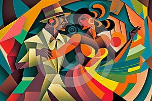 Latin American Hispanic male and female couple dancing the ballroom Calypso dance shown in an abstract cubist style painting