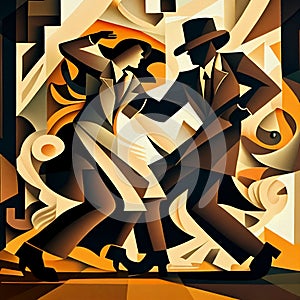 Latin American Hispanic male and female couple dancing the ballroom Tango dance shown in an abstract cubist style painting