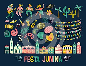 Latin American holiday, the June party of Brazil. Festa Junina. Vector set.