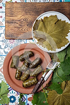 Latin American Mexican Chilean cuisine. Ninos envueltos. Grape leaves stuffed wish meat on clay plate photo