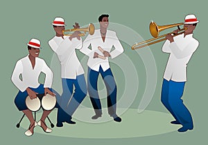 Latin band. Four Latin musicians playing bongos, trumpet, claves and trombone photo
