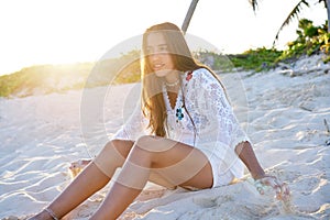 Latin beautiful girl sunset in Caribbean beach