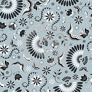 Latin culture style seamless pattern. Soft blue colors Mexican floral background.