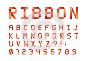 Latin Font in the Form of Bands, Ribbons or Folding Paper. Red Color Style