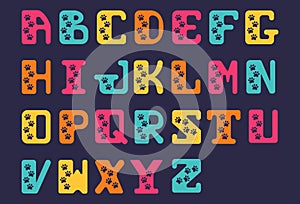 Latin hand drawn Sanserif alphabet font of capital bold letters. Stylized alphabet with traces of animals. photo