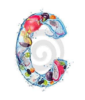 Latin letter C made of water splashes with different fruits and berries