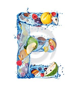 Latin letter E made of water splashes with different fruits and berries