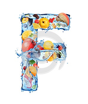 Latin letter F made of water splashes with different fruits and berries