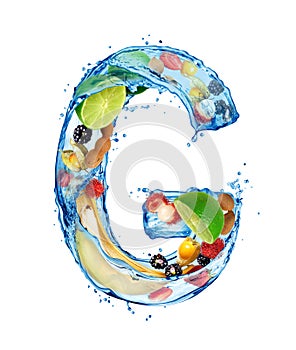 Latin letter G made of water splashes with different fruits and berries