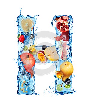 Latin letter H made of water splashes with different fruits and berries