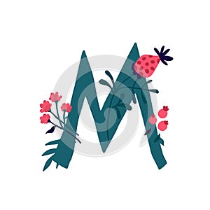 Latin letter M in flowers and plants. Vector. Letter in decorative elements for inscriptions.