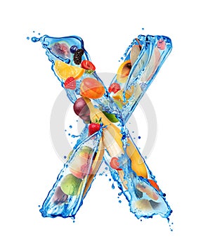 Latin letter X made of water splashes with different fruits and berries