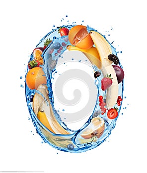 Latin letter O made of water splashes with different fruits and berries